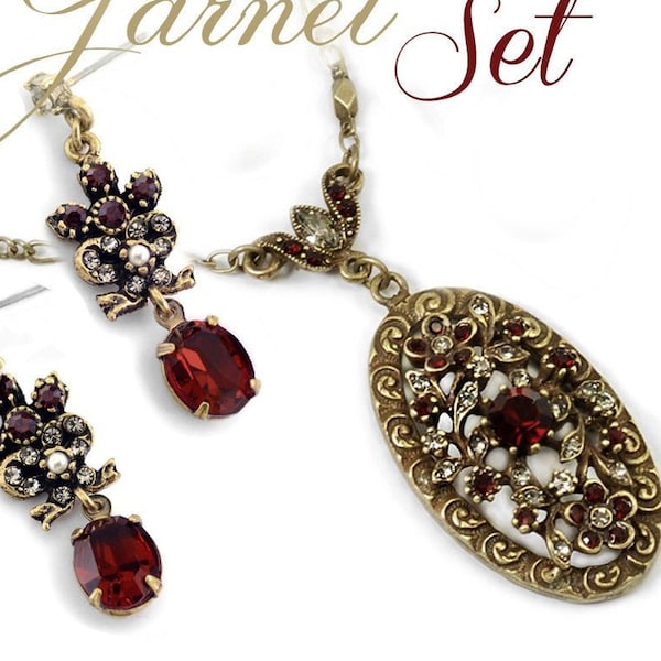 Garnet Necklace and Earrings Set, Red Necklace, Garnet, Crystal Necklace, Victorian Necklace, Gift for her, Christmas Jewelry N1069 E958 SET