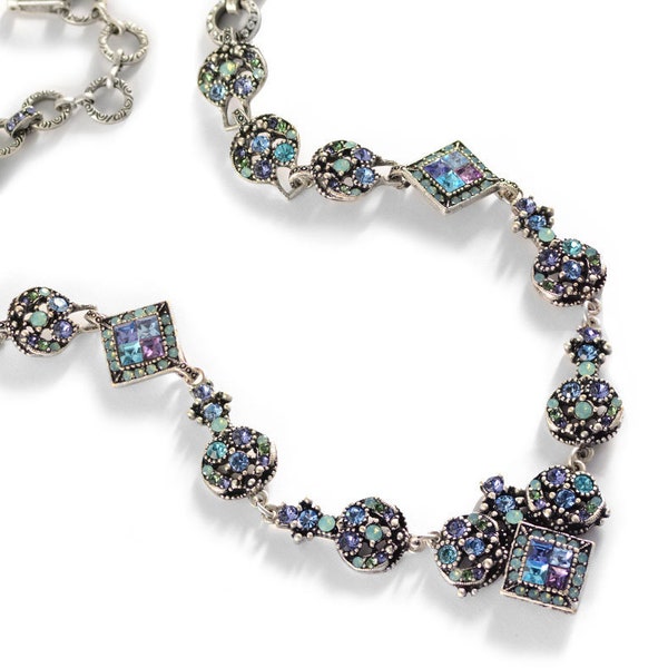 Vintage  Blue Crystal Statement  Necklace, 1950s Midcentury Statement Necklace, Short Rhinestone Crystal Necklace,  N1156