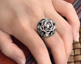 Rosa Emaille Ring, Shabby Chic Blumen Ring, Silber Rose Ring, Brautjungfer Schmuck, Krebsbewusstsein R531