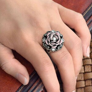 Pink Enamel Rose Ring, Shabby chic Flower Ring, Silver Rose Ring, Bridesmaids Jewelry, Cancer awareness Gift Ring R531 image 1