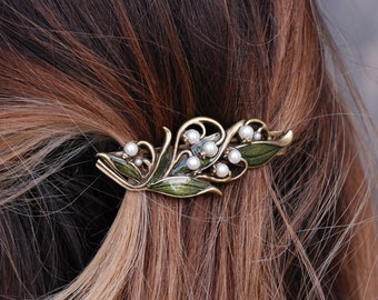 Barrette de muguet en argent, barrette de fleurs en argent française