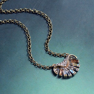 Art Deco Shell Necklace: Swarovski Crystal Burnished Bronze Pendant