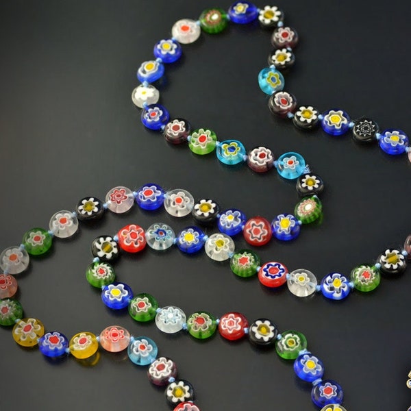 Millefiori Glass Beaded Necklace: Long Knotted Rainbow Boho Jewelry