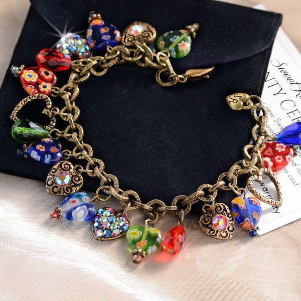 Bracelet à breloques coeur arc-en-ciel, bijoux Millefiori, bracelet coeur d'amour, verre de Murano, bracelet bohème, cadeau pour elle, bracelet de Noël BR583