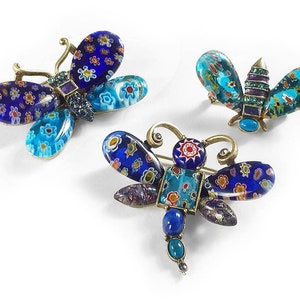 Millefiori Insect Brooches: Murano Glass Butterfly, Bee, Dragonfly Pins