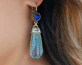 Egyptian Earrings Eye of Horus Eye of RA Eye of Horus Earrings Egyptian Jewelry Blue Earrings Egypt Hieroglyphics Pharoah E305