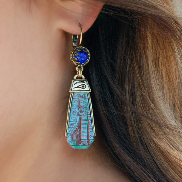 Egyptian Earrings, Eye of Horus, Eye of Ra, Eye of Horus Earrings, Egyptian Jewelry, Blue Earrings, Egypt, Hieroglyphics, Pharoah E305