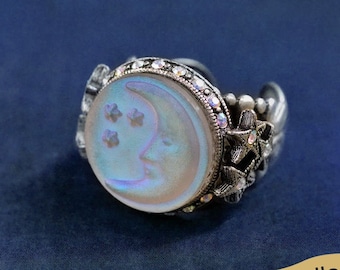 Aurora Moon Ring, Moon Mood Ring, Moon and Stars Jewelry, Iridescent Stone Ring, Crescent Moon Ring, Aurora Borealis Antique Ring, R423