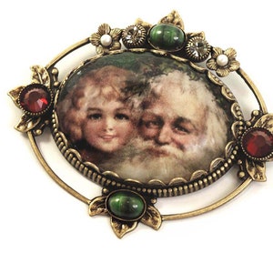 Vintage Santa Brooch: Christmas Lithograph Pin with Swarovski Crystals