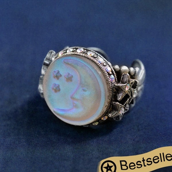 Aurora Moon Ring, Moon Mood Ring, Moon and Stars Jewelry, Iridescent Stone Ring, Crescent Moon Ring, Aurora Borealis Antique Ring, R423