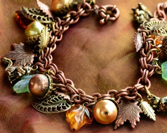 Squirrel Bracelet, Fall Bracelet, Squirrel Jewelry, Charm Bracelet, Leaf Bracelet, Fall Jewelry, Autumn Bracelet, Autumn Leaves,  BR648