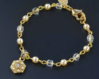 14K Gold Flower Girl Bracelet: Pearl & Crystal Charm, Handmade Jewelry