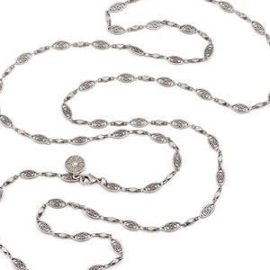 Collar largo de cadena de filigrana de plata, cadena larga de plata, delicado collar de capas bohemio, collar de cadena victoriano N1317