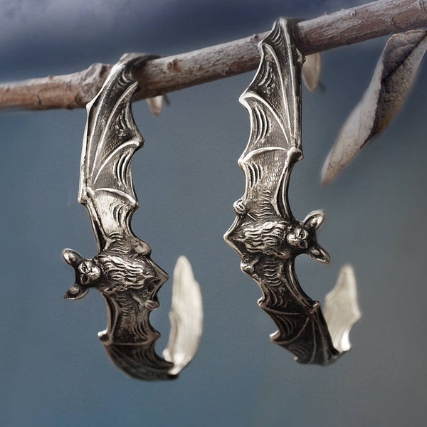Elvira's Bat Hoop Earrings. Bat Earrings, Silver Earrings, Vintage Bat Jewelry, Antique Bats E103