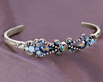 Silver Blue Crystal Vintage Skinny Cuff Bracelet, Minimalist Sapphire Opal delicate art deco Bracelet Bridesmaids