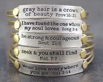 Bible Verse Bracelet, Inspirational Jewelry, Religious Gift, Christian Jewelry, Bible Jewelry, Message Bangle, Stackable, Graduation Gift