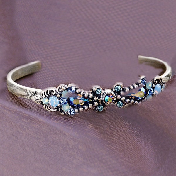 Silver Blue Crystal Vintage Skinny Cuff Bracelet, Minimalist Sapphire Opal delicate art deco Bracelet Bridesmaids