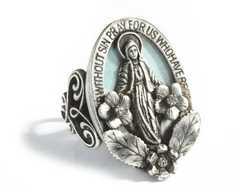 Our Lady of Miracles Virgin Mary Ring, Mother of Jesus Medal, Our Lady Ring, Antique Ring, Catholic Jewelry, Mother Mary Ring R546