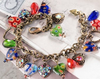 Millefiori Heart Charm Bracelet: Murano Glass, Rainbow Aurora Crystal, Bronze Chain,  BR583