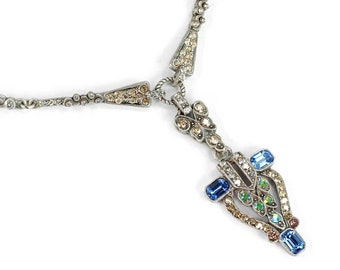 Art Deco Silver Necklace: Blue Crystal Flapper Gatsby Jewelry