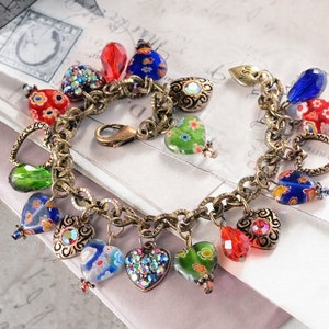 Millefiori Heart Charm Bracelet: Murano Glass, Aurora Crystal, Bronze Rolo Chain