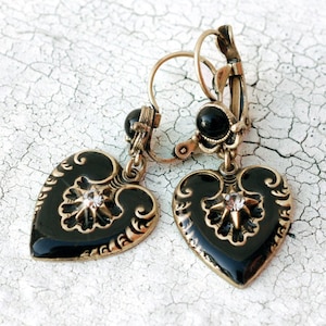 Heart Earrings, Black Enamel Goth Heart Earrings, Enamel Heart Charm Valentine, Southwest Earrings, E1066
