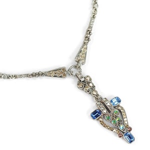 Art Deco Silver Necklace: Blue Crystal Flapper Gatsby Jewelry