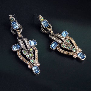 Art Deco Crystal Flapper Earrings, Silver Geometric Vintage Statement Earrings, E1206