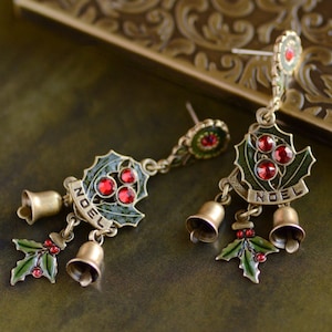 Christmas Earrings, Holly Earrings, Sweet Romance, Bell Earrings, Vintage Christmas, Christmas Jewelry, Holiday Earrings, Christmas E355