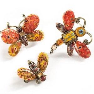 Millefiori Insect Pin Set: Murano Glass Butterfly, Dragonfly & Bee Brooches