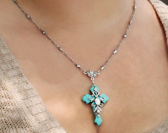 Cross Necklace, Cross Pendant Necklace, Statement Necklace, First Communion, Religious Necklace, Rosary, Turquoise Necklace, Opal N1076