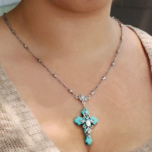 Cross Necklace, Cross Pendant Necklace, Statement Necklace, First Communion, Religious Necklace, Rosary, Turquoise Necklace, Opal N1076