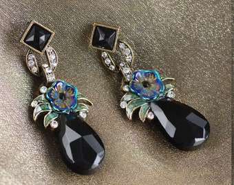 Art Deco Black Drop Earrings: Enamel Flower, Gatsby Flapper Jewelry