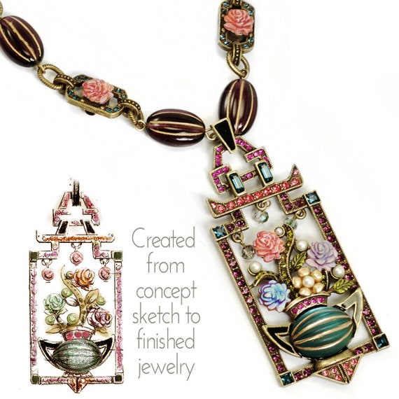 Art Deco Chinese Chinoiserie Pagoda Necklace, Bracelet
