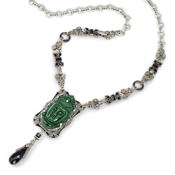 Art Deco Buddha Necklace: Marcasite & Jet Chinoiserie Jewelry