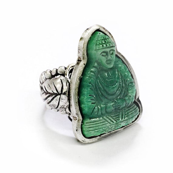 Anillo vintage de Buda de cristal de jade: plata bruñida a mano