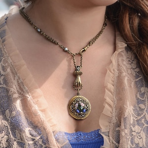 Victorian Locket Necklace: Bronze Hand, Rose Quartz & Lapis