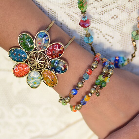 Bracelet Vintage En Verre De Murano Et Métal Doré - Couleur Verte Et Dorée - D'occasion En Très Bon état - Bijou Ancien