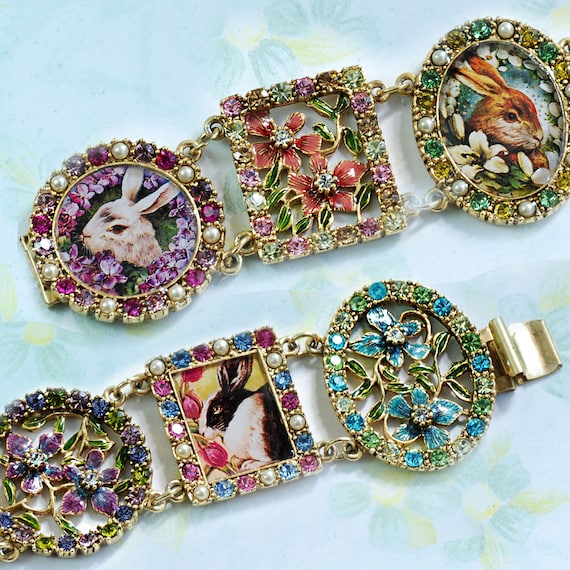Rabbit Bracelet, Gold Bracelet, Enamel Jewelry, Vintage Easter