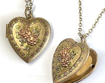 Vintage Victorian Heart Locket Necklace, Rose theme Sweetheart gift, Memorial Jewelry N696