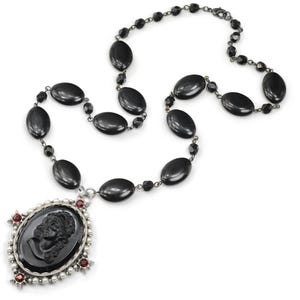 Black Cameo Necklace: Vintage Czech Glass, Gothic Renaissance Jewelry