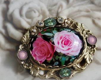 Broche Ancienne Bijou Fleur Rose - Matière Mystère (os ? Plastique ?), Occasion Vintage