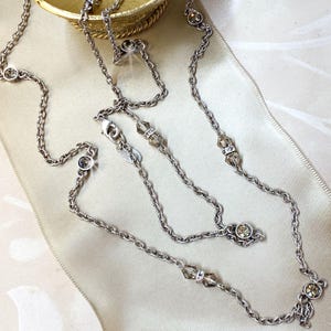 Long Silver Layering Chain Necklace, Delicate boho slinky necklace crystal and bead stations, Sweet Romance Made in USA N1153