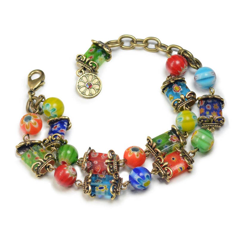 Millefiori Glass Retro Squares Bracelet, Murano Glass Jewelry, Rainbow Bracelet, Festival Jewelry, Millefiori Jewelry, Boho Bracelet BR223 image 3