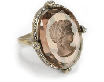 Cameo Intaglio Ring, Vintage Champagne Topaz Ring, Cocktail Ring, Antique Ring, Statement Ring R130