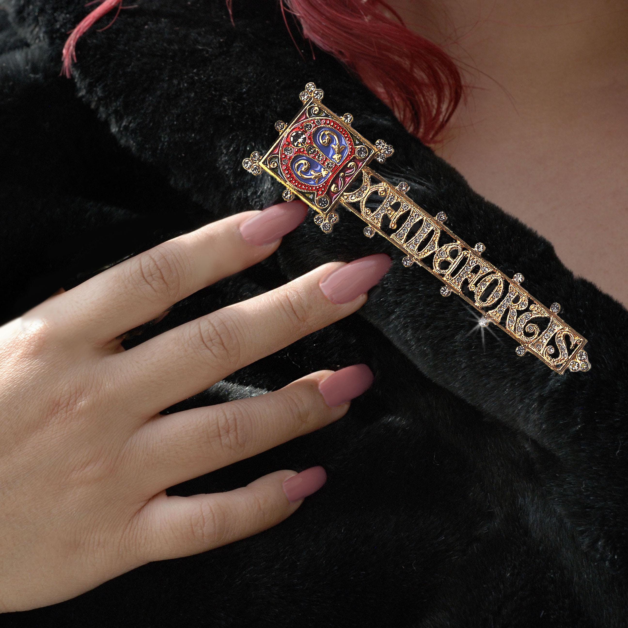 Illuminated Manuscript Brooch: 14K Gold Renaissance Pin With Swarovski ...
