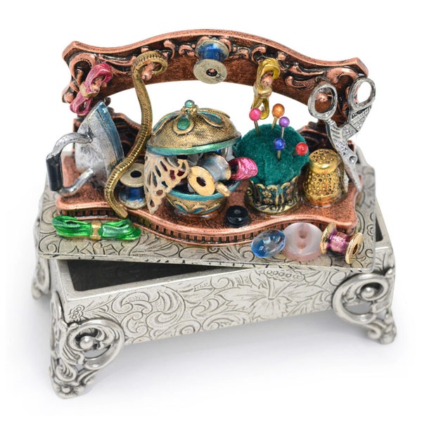 Sewing Shelf Miniature Storybox, Seamstress, Collectible Story Box, Jewelry Box, Mini Jeweled Box, Keepsake Box, Trinket,  BX305