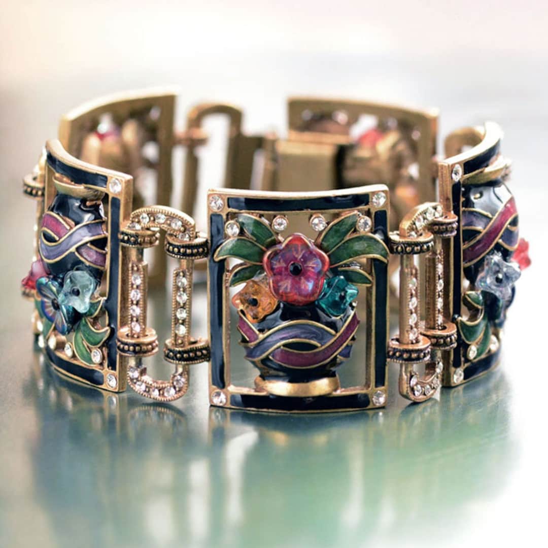 Art Deco Enamel Statement Bracelet, Deco Flower Jewelry