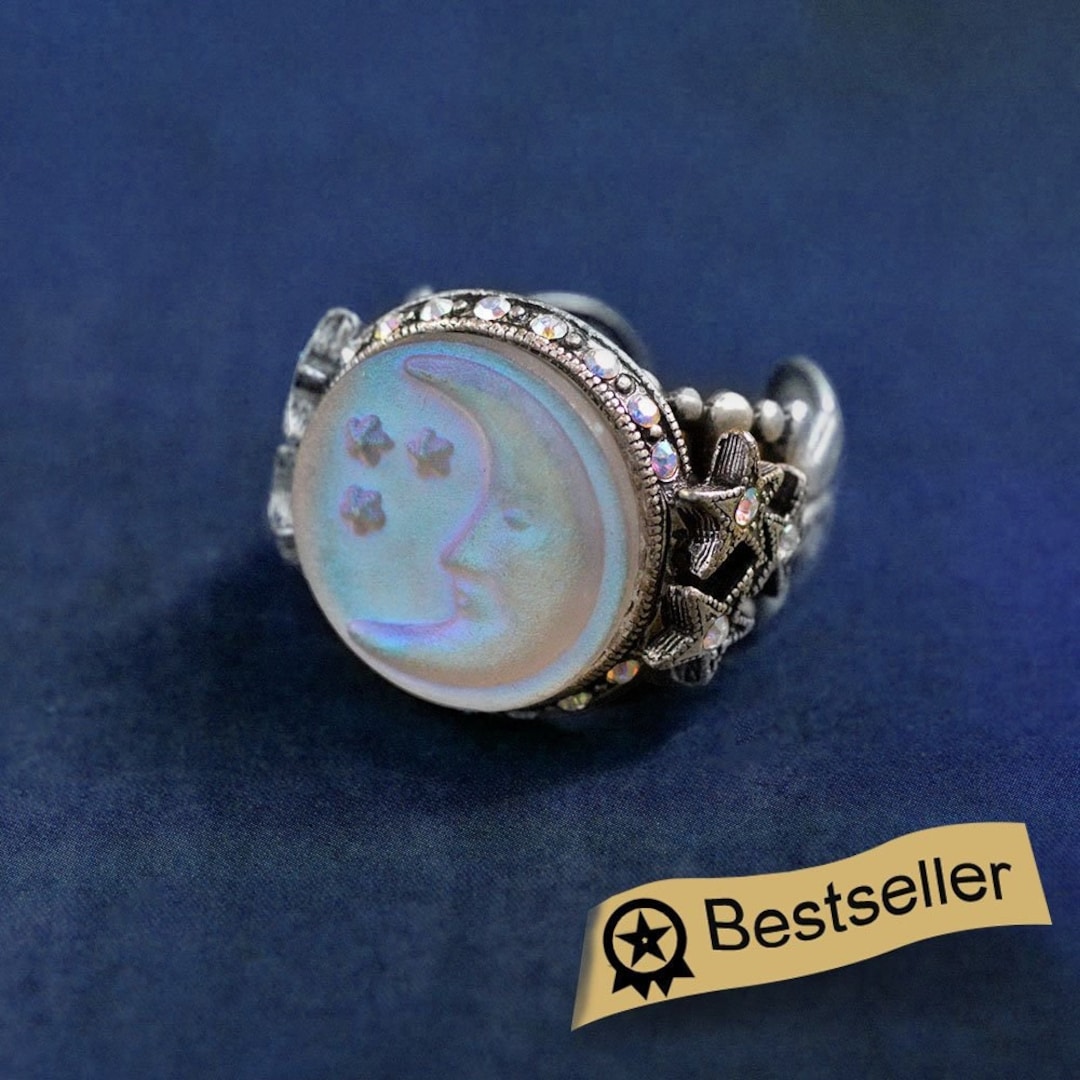 Aurora Borealis Moon Ring: Iridescent Stone, Antique Silver Finish - Etsy Japan