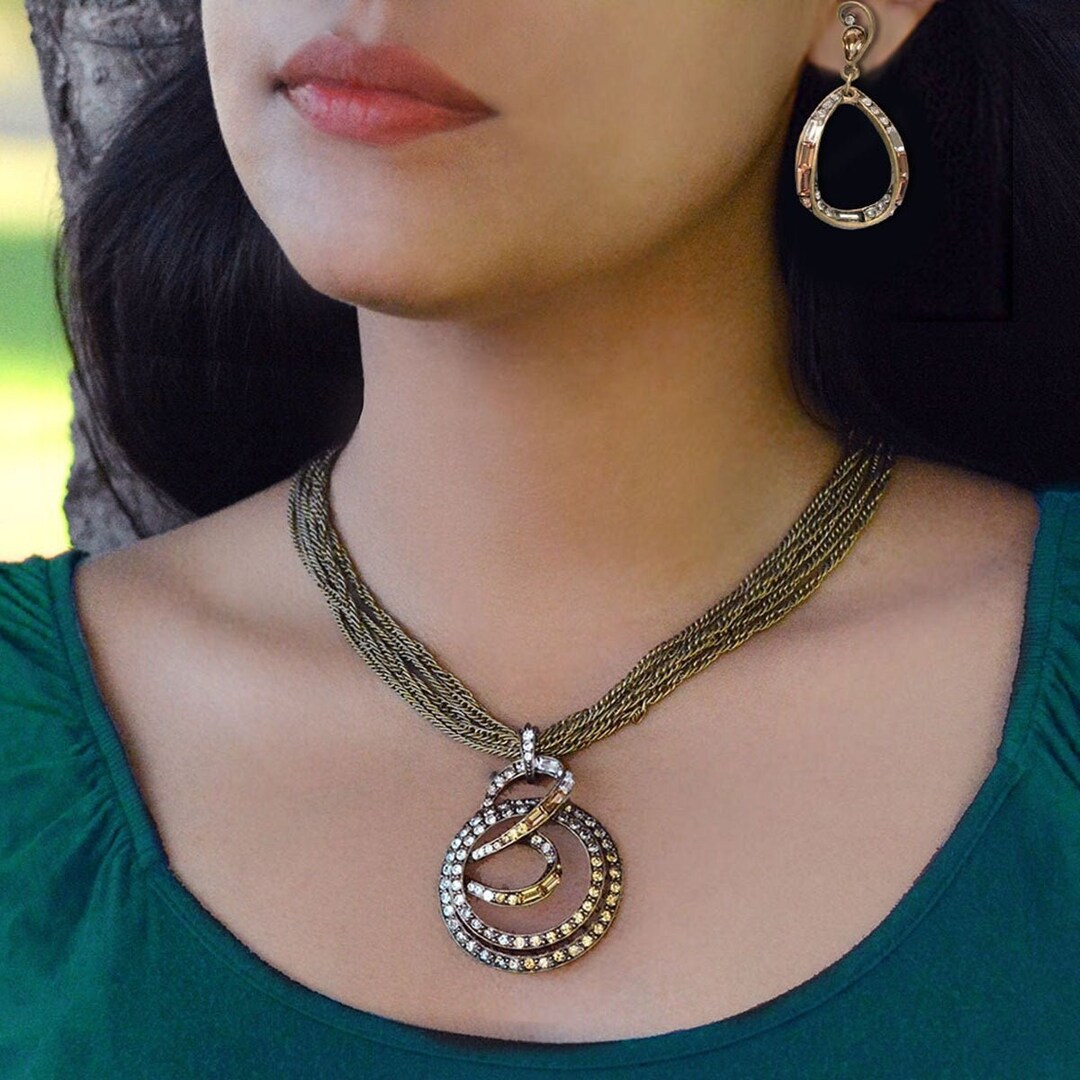Art Deco Crystal Necklace & Earrings: Mid-century Modern Geometric ...